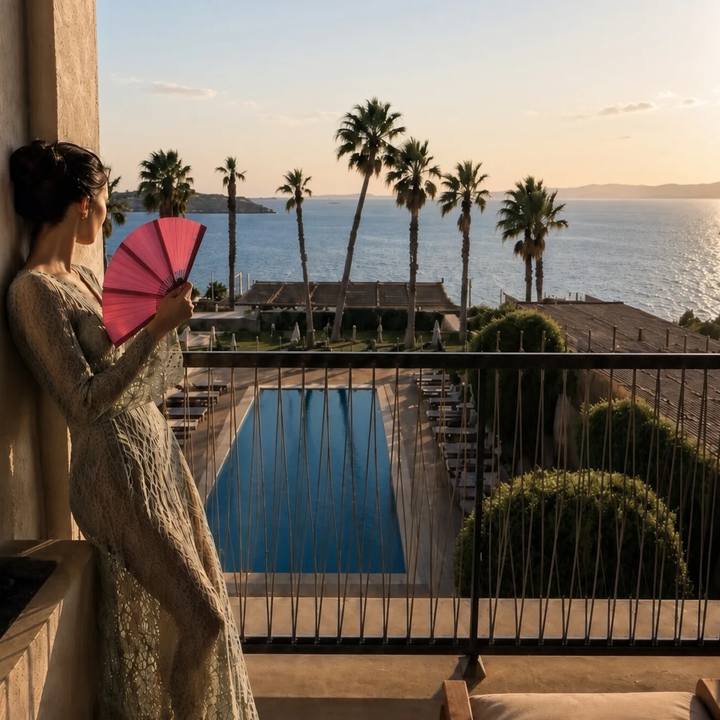 Havuza ve denize bakan balkonda misafir